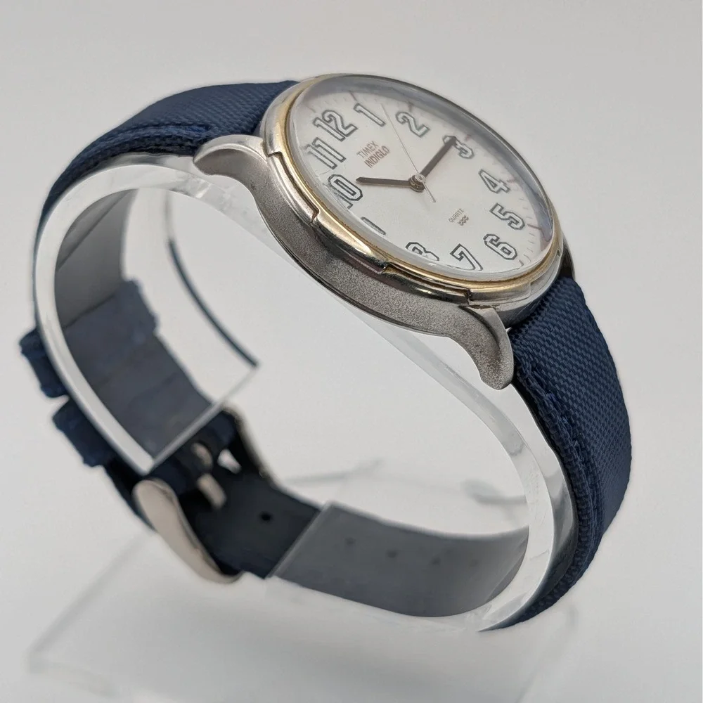 Timex‎ Indiglo White Dial Quartz Watch 35mm Blue Strap Arabic Numerals